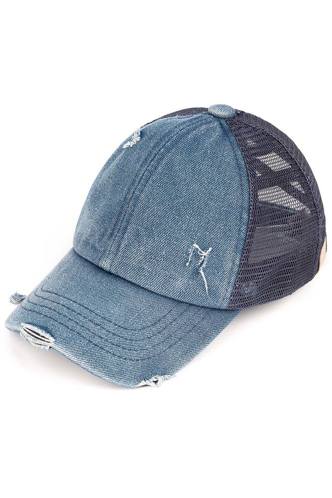 C.C Kids Washed Denim Elastic Band Crossed Pony Cap: Baby Pink