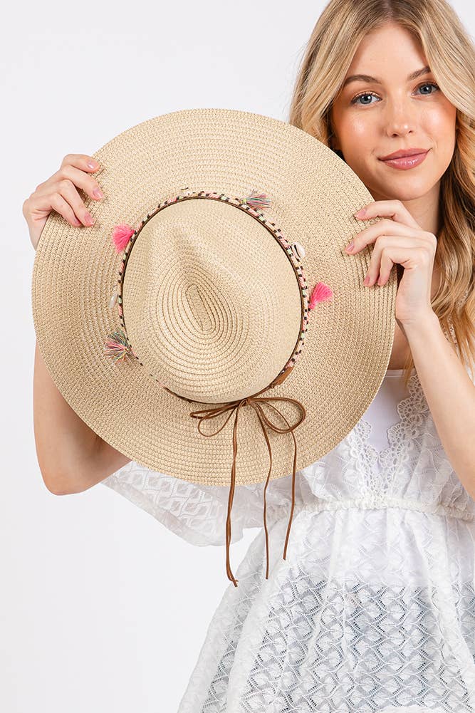 Boho Tassel Multi Color Band Summer Straw Sun Hat: Beige