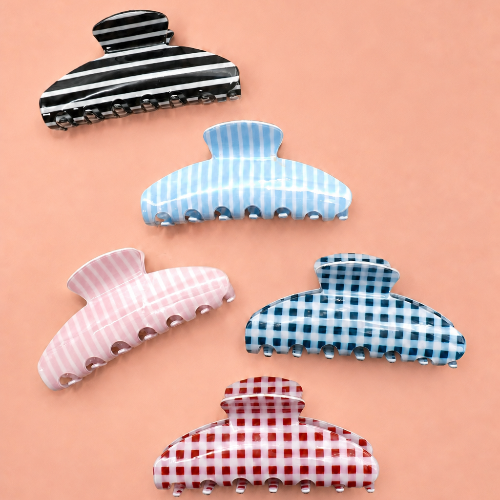 JUMBO STRIPE PLAID OVAL HAIR CLAW CLIPS | 40H1020: STRIPE PINK