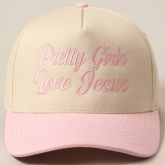 Pretty Girls Love Jesus Embroidery Trucker Hat: LT PINK / ONE SIZE