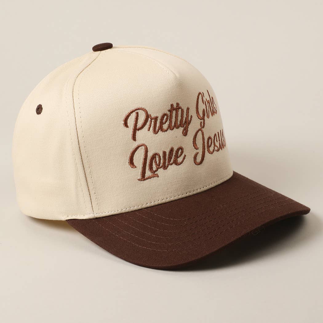 Pretty Girls Love Jesus Embroidery Trucker Hat: LT PINK / ONE SIZE