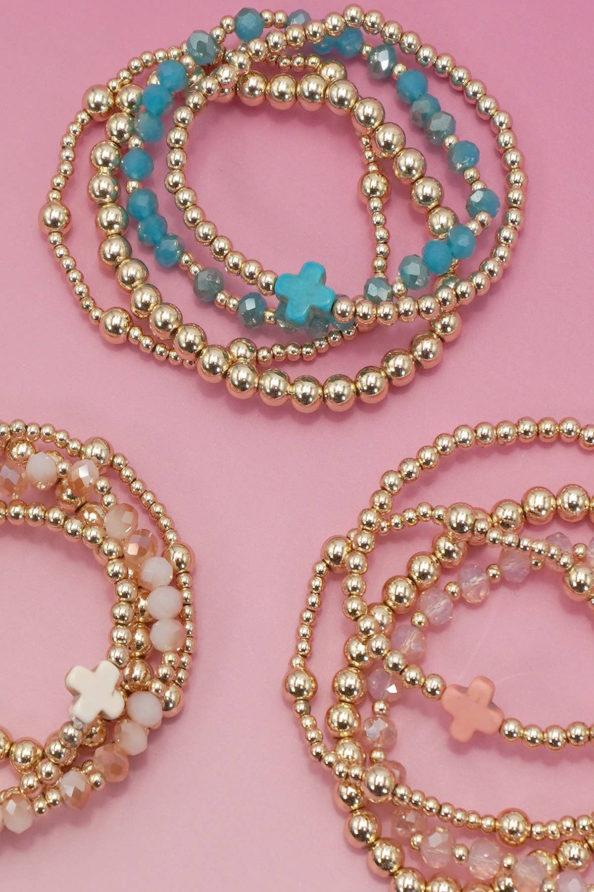 BOHO CROSS MULTI  COLORFUL BEADED STRETCH BRACELET | 40B5180: Pink
