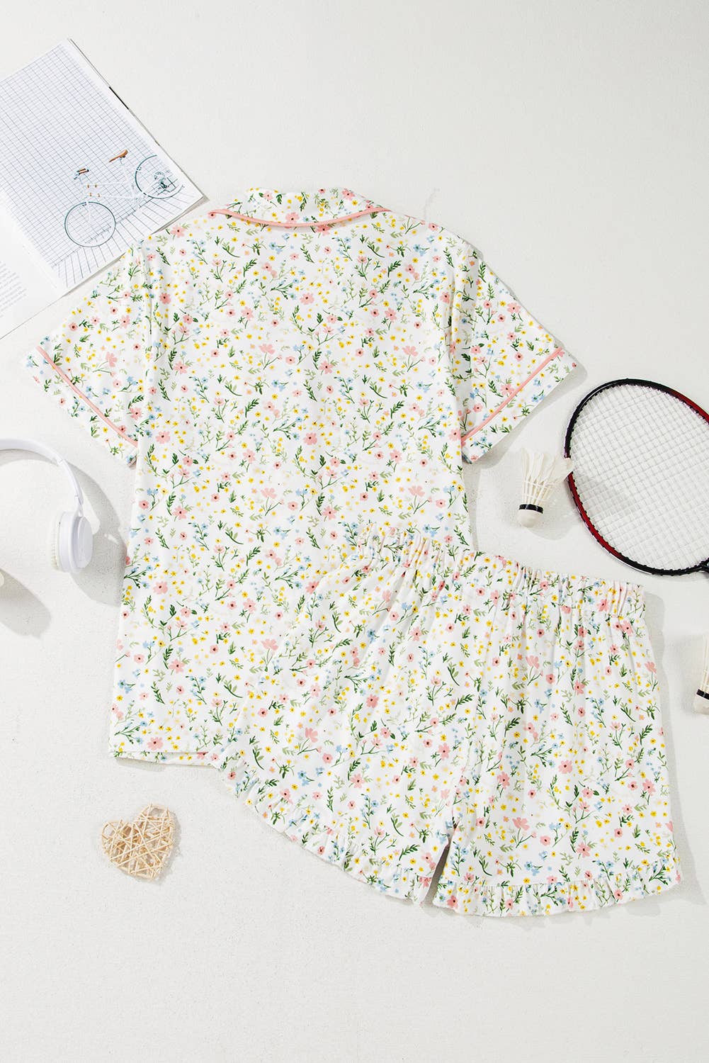 Floral Printed Casual Pocket Ruffled Shorts Pajama Set: AS SHOWN / Missy / M