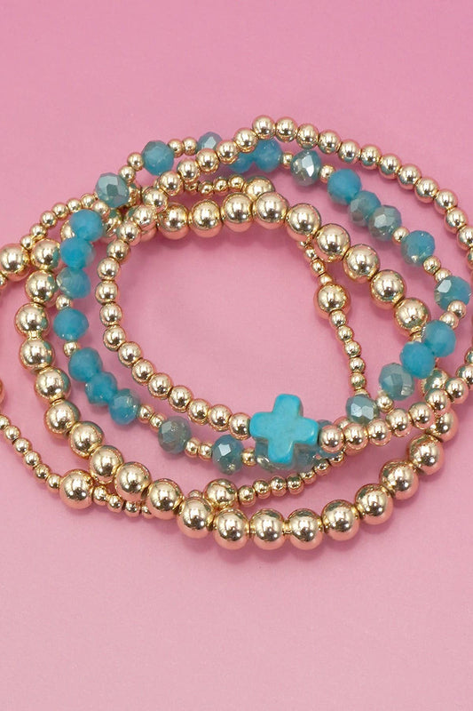 BOHO CROSS MULTI  COLORFUL BEADED STRETCH BRACELET | 40B5180: TURQ