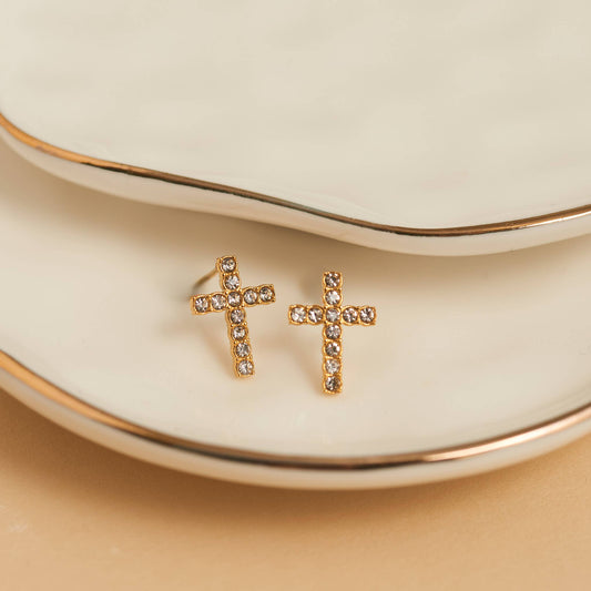 Waterproof Earrings Pave Cross Stud Gold & Steel Narelle: Gold
