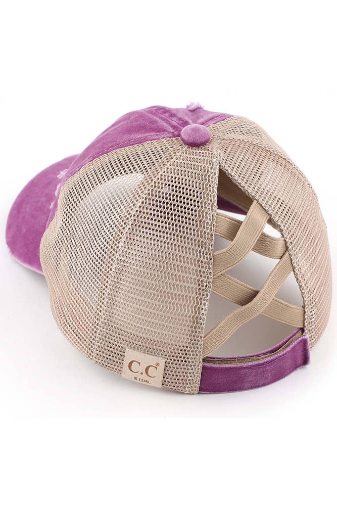C.C Kids Washed Denim Elastic Band Crossed Pony Cap: Pink