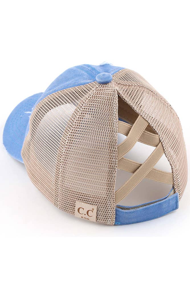 C.C Kids Washed Denim Elastic Band Crossed Pony Cap: Blue Moon