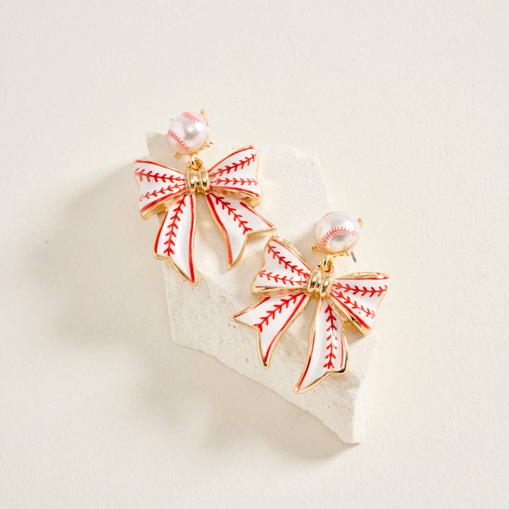 1.5 Inch Baseball Print Pattern Enamel Ribbon Post Earrings: White/Red / ONE
