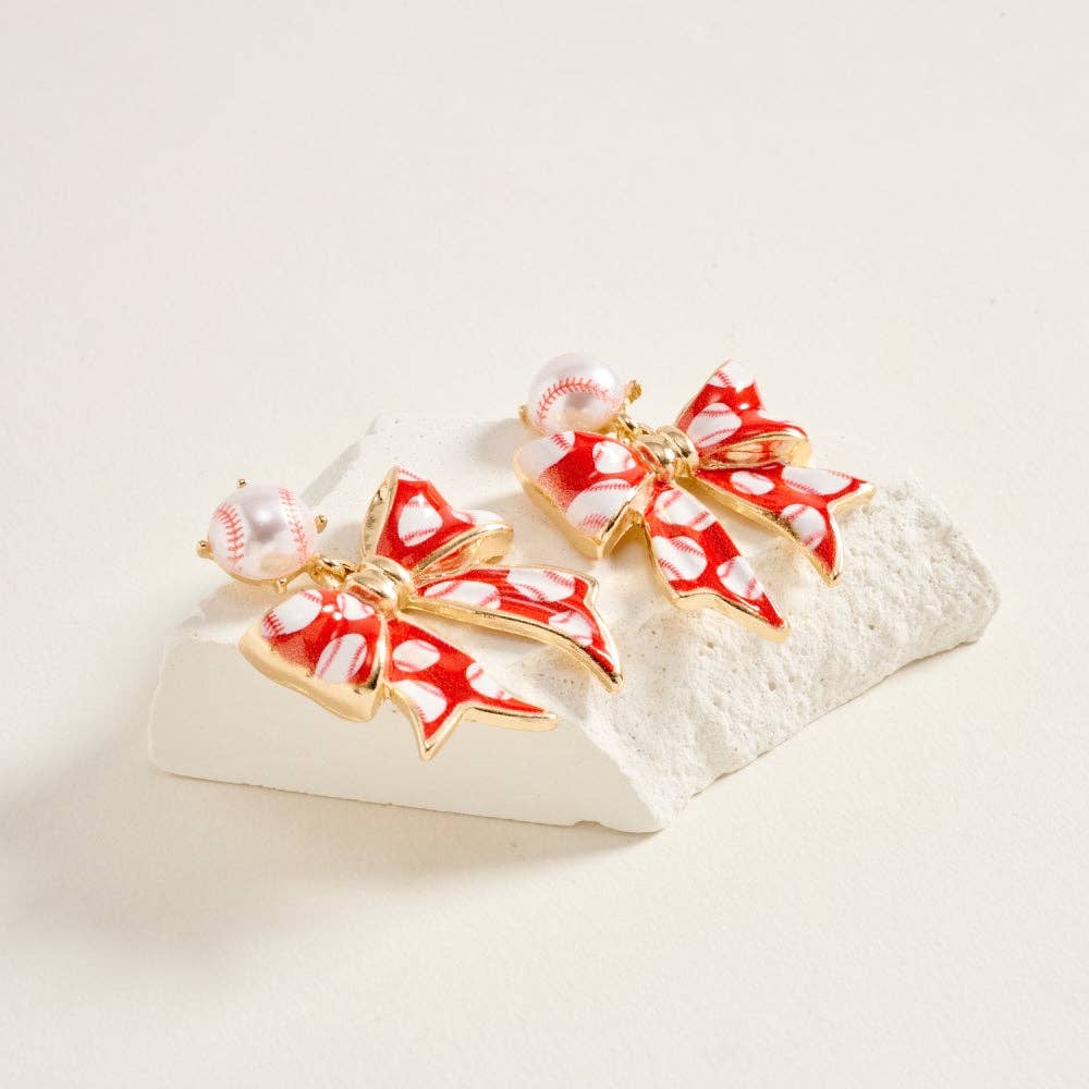 1.5 Inch Baseball Print Pattern Enamel Ribbon Post Earrings: White/Red / ONE