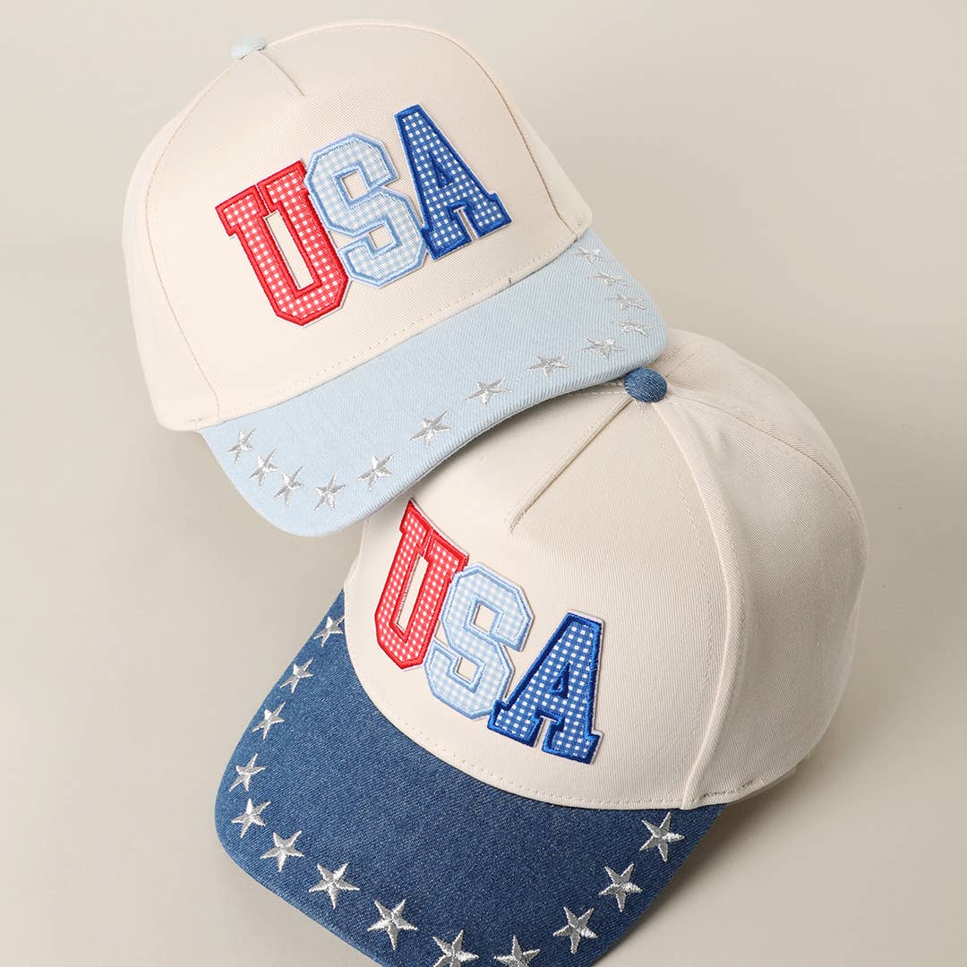 USA Letter Patch Star Brim Denim Baseball Cap: LT DENIM