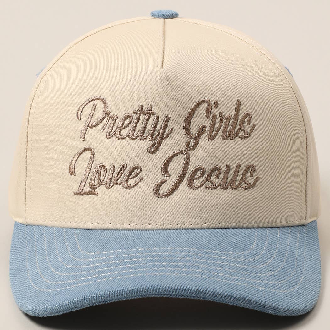 Pretty Girls Love Jesus Embroidery Trucker Hat: LT PINK / ONE SIZE