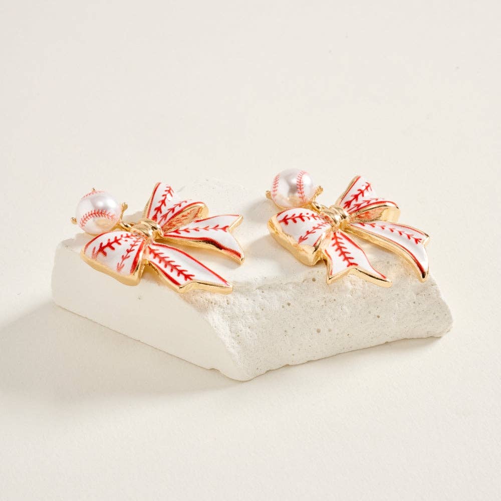 1.5 Inch Baseball Print Pattern Enamel Ribbon Post Earrings: White/Red / ONE