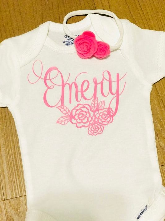 Custom Name Flower Onesie with Flower Headband